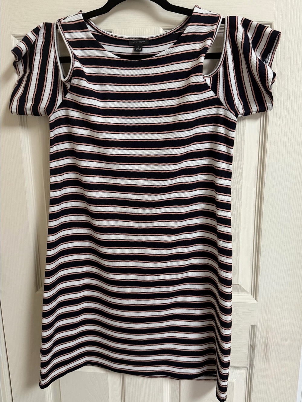 Ann Taylor Navy, Black & White Striped Cold-Shoulder Mini Dress